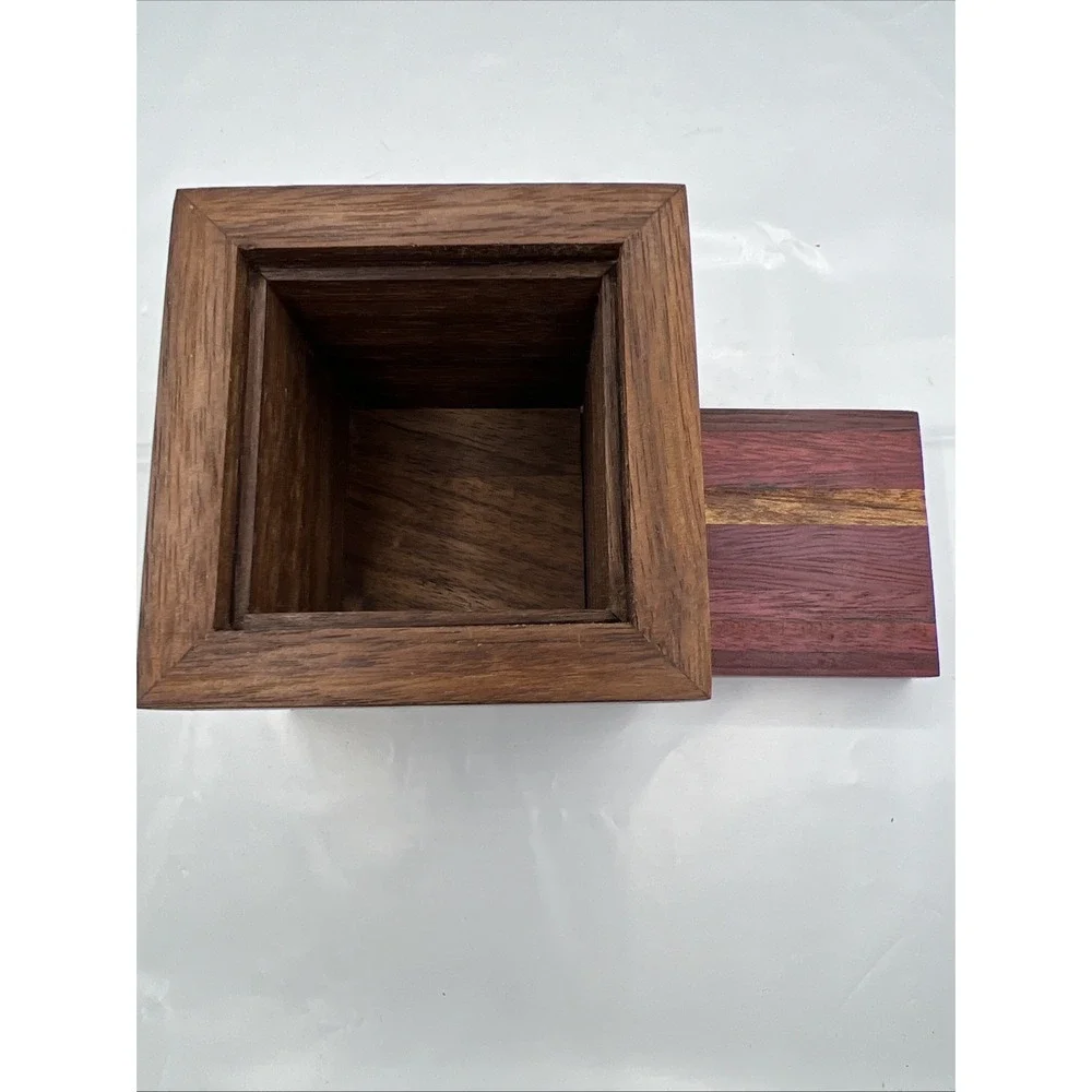 Artisan Handcrafted Wooden Box Signed Emily Johnson Purpleheart Walnut Cube 3.5
